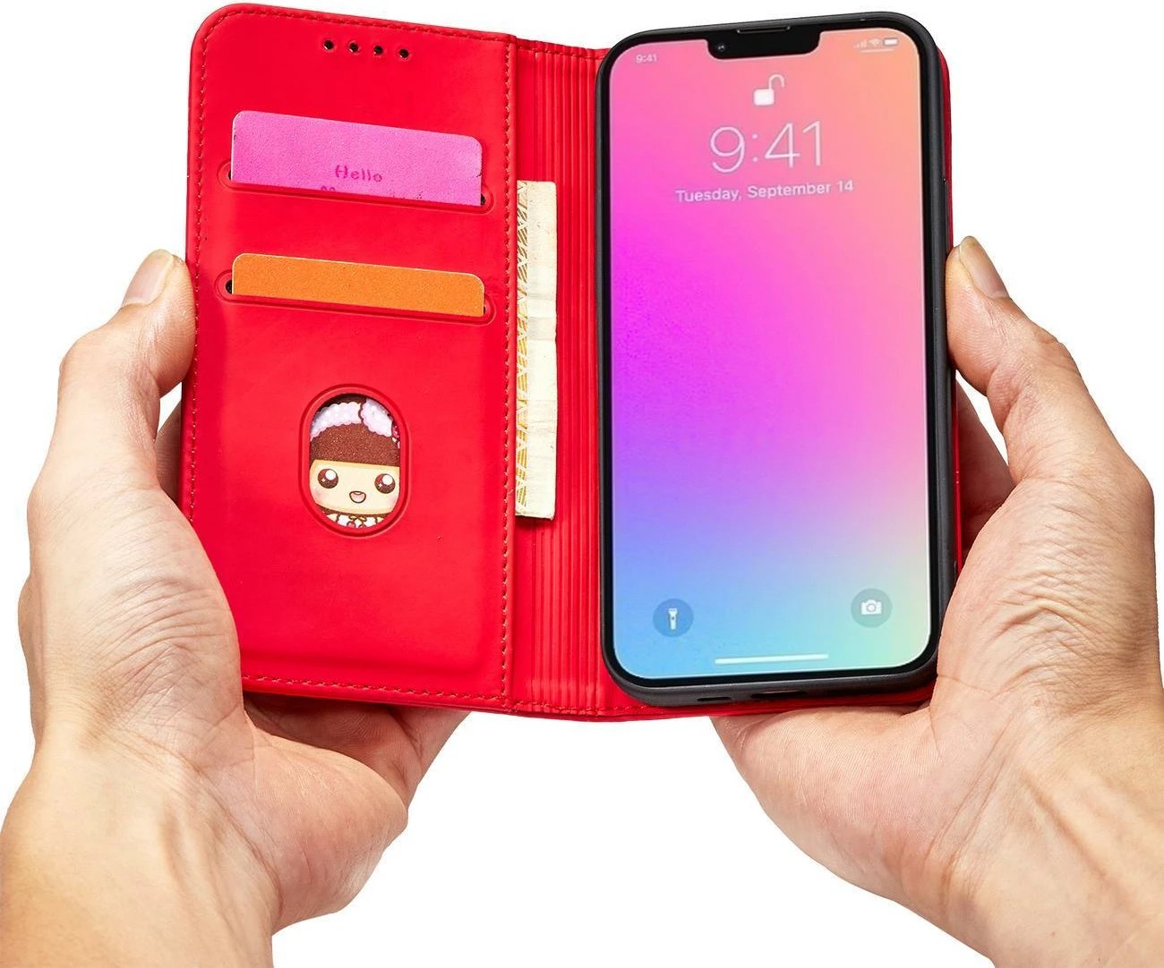 Mbështjellës Hurtel Magnet Card Case për iPhone 14 Pro Max, portofol, qëndrim, e kuqe