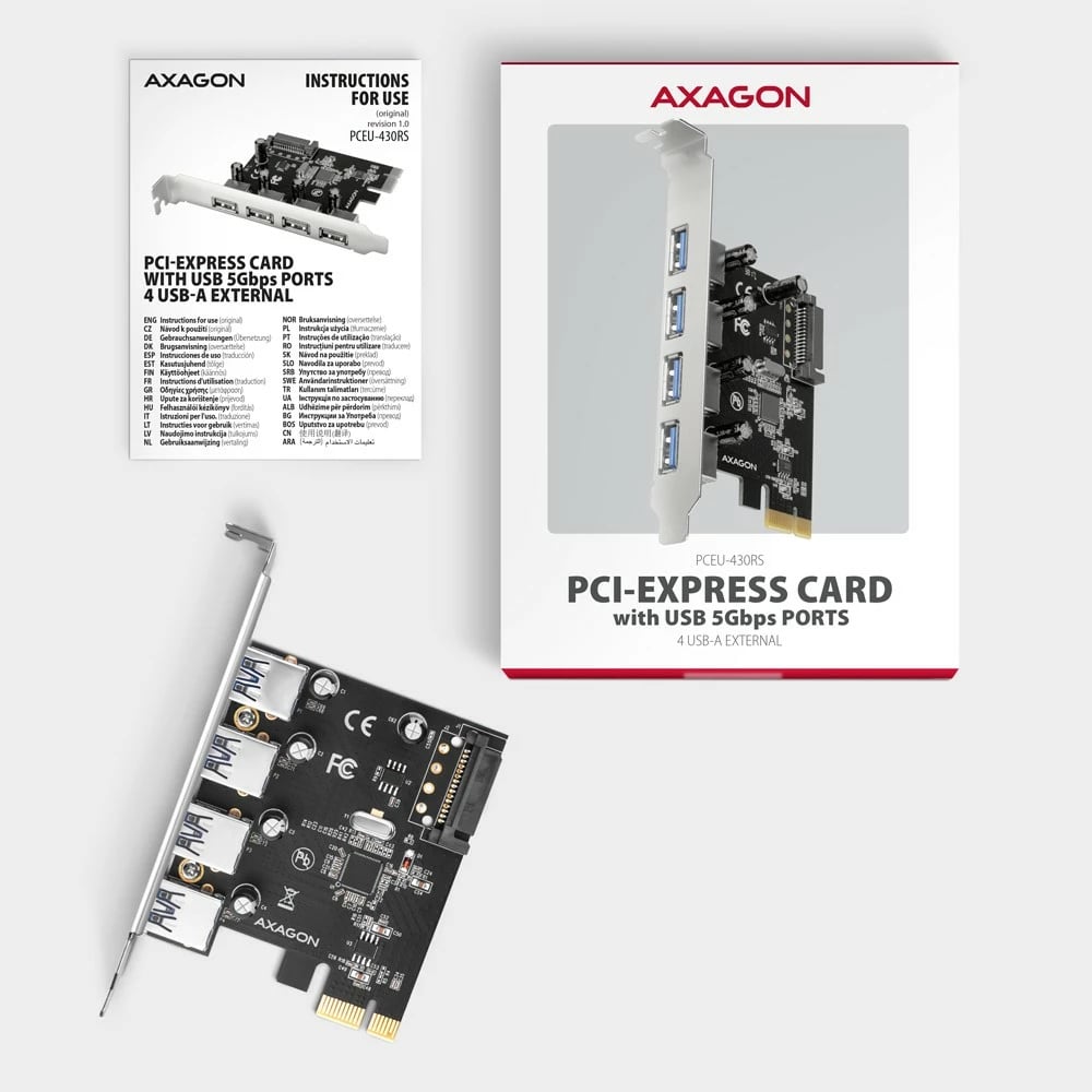 Kasë zgjerimi AXAGON PCEU-430RS, 4x USB 3.2 Gen 1, Renesas, PCIe, SATA Power