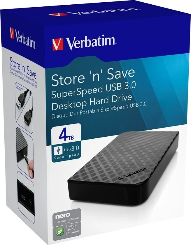 Hard disk i jashtëm Verbatim Store 'n' Save 4TB, USB 3.0, Zi