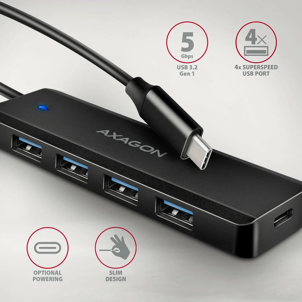 Hub USB AXAGON HUE-C1C, 4 porta, USB 5Gbps, kabllo Type-C 19cm, furnizim shtesë me USB-C, i zi