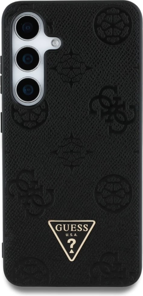 Mbështjellës Guess Grained Hot Stamp Peony Pattern Triangle Logo MagSafe për Samsung Galaxy S25, i zi