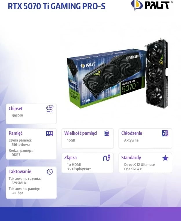 Kartë grafike Palit GeForce RTX 5070 Ti GAMING PRO-S, 16 GB GDDR7, 256-bit, 3 ventilatorë, e zezë