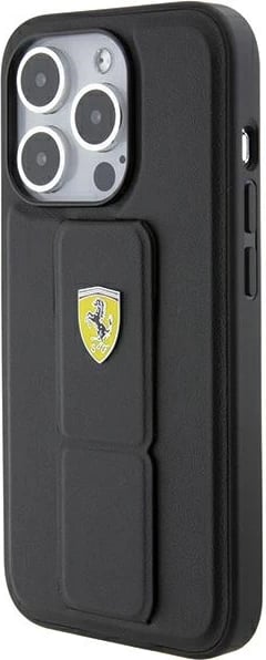 Mbështjellës Ferrari Grip Stand Metal Logo për iPhone 15 Pro, i zi