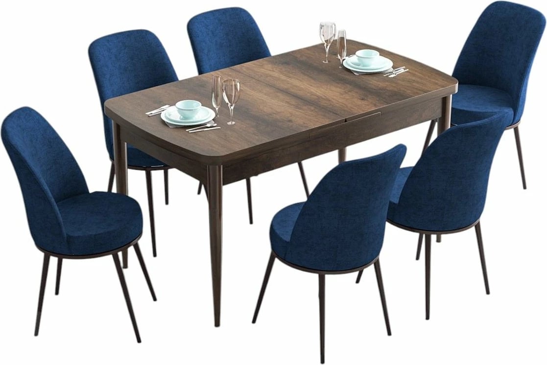 Set tavoline me karrige, zgjatshme, 7 copë, Skye Decor, Barok, blu e errët