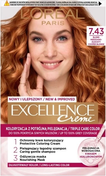 Ngjyrë për flokë për femra L'Oreal Paris Excellence Creme 7.43 Blonde Bakër-Argjend, 1 copë