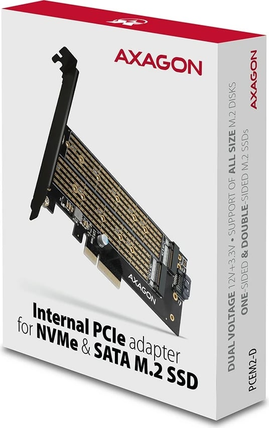 Adapter PCIe x4 AXAGON PCEM2-D për 1x M.2 NVMe M-key + 1x SATA B-key, me aksesorë, i zi