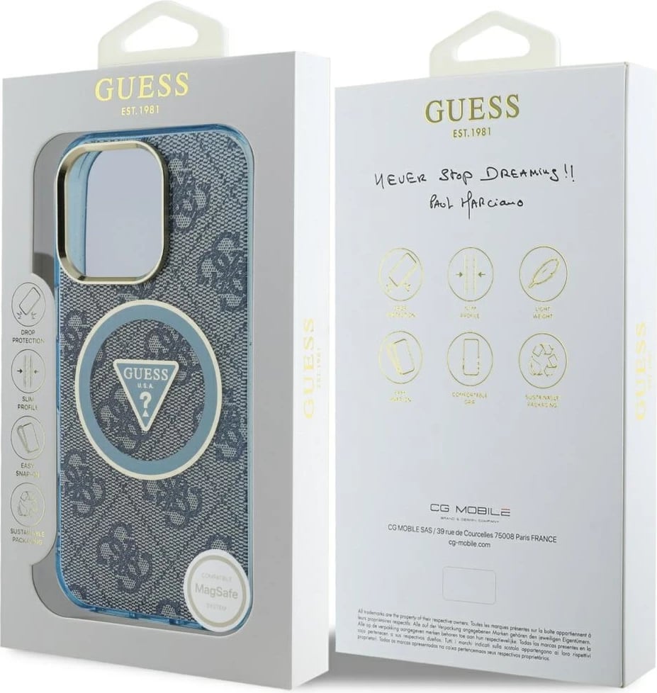 Mbështjellës Guess IML Metal Glitter 4G Circle Triangle MagSafe për iPhone 16 Pro, Blu