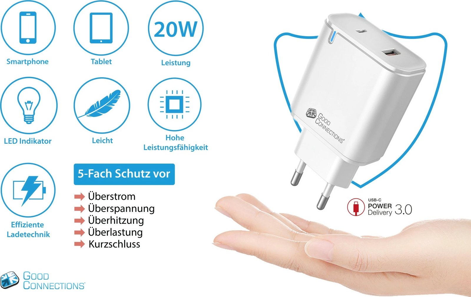 Karikues i shpejtë USB 20W, 2-port (1x USB A, 1x USB C™), PD 3.0, bardhë, Good Connections®