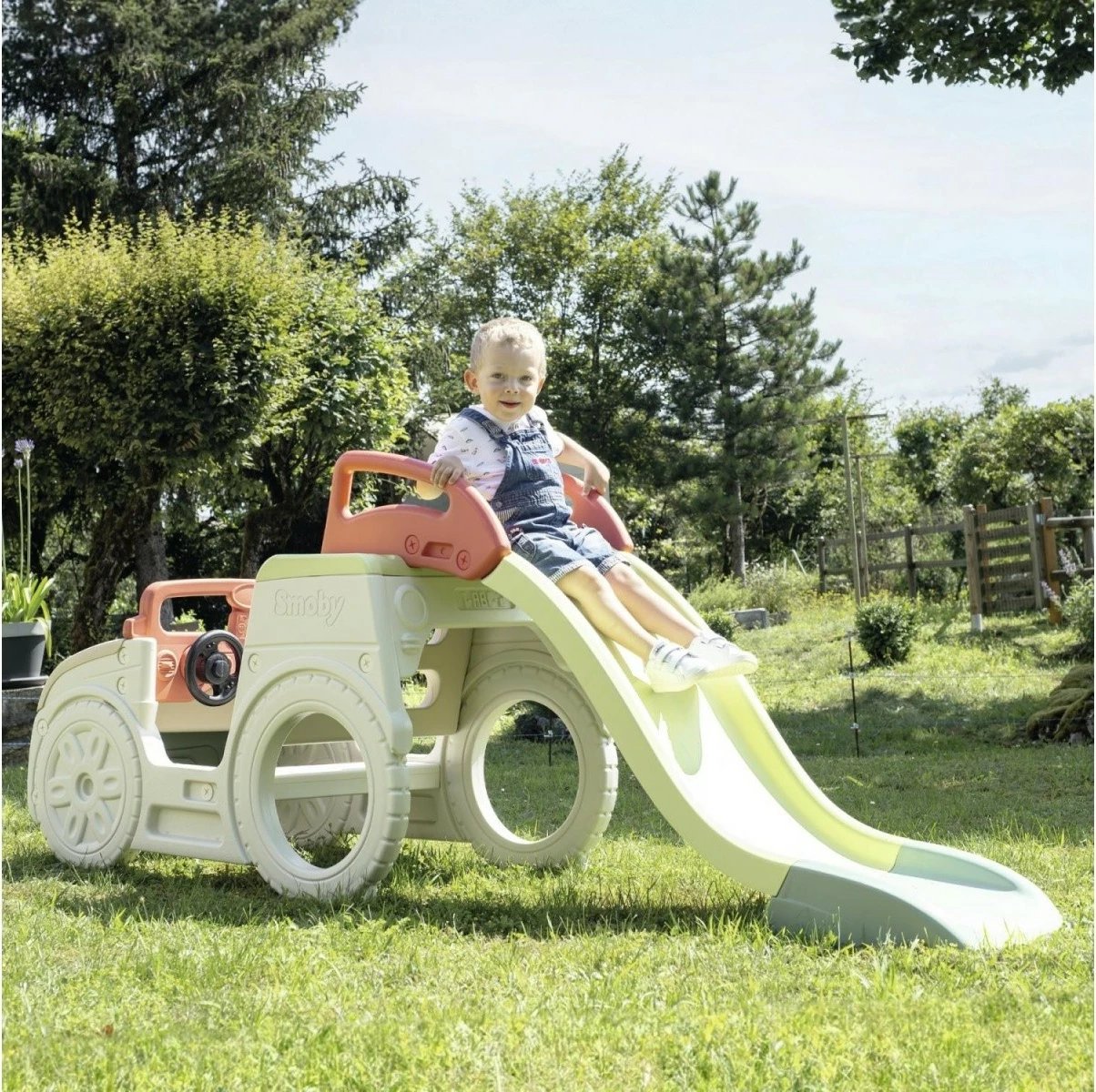 Lodër kopshti Smoby Adventure Car, plastikë e ricikluar, me rrëshqitëse, kafe/krem/gri/jeshile