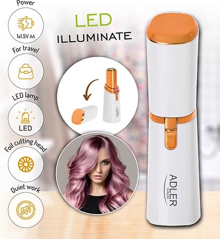 Makinë rroje trimmer për fytyrë, Adler, AD 2939, kokë me sitë, dritë LED, 1xAA, perlë-ari