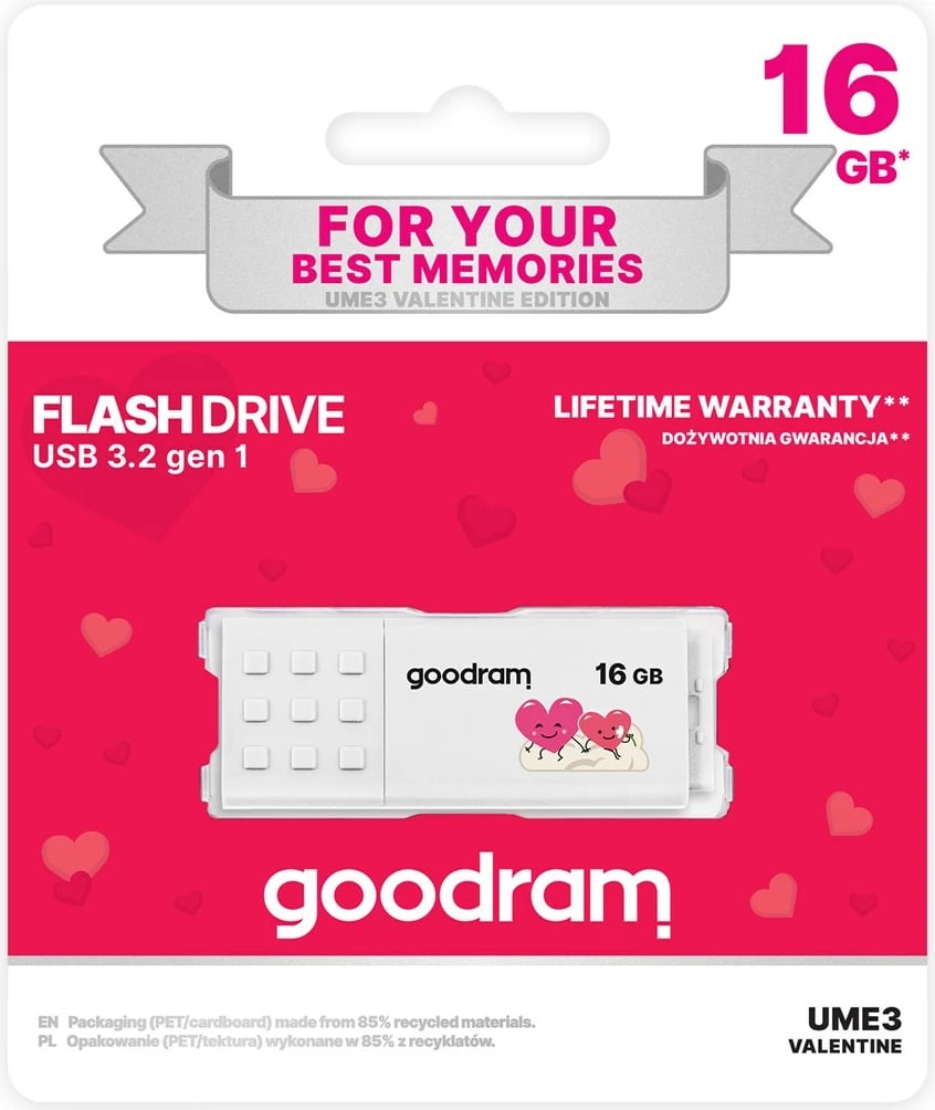 USB Goodram UME3 Valentine 16 GB, USB Type-A 3.2 Gen 1, Bardhë