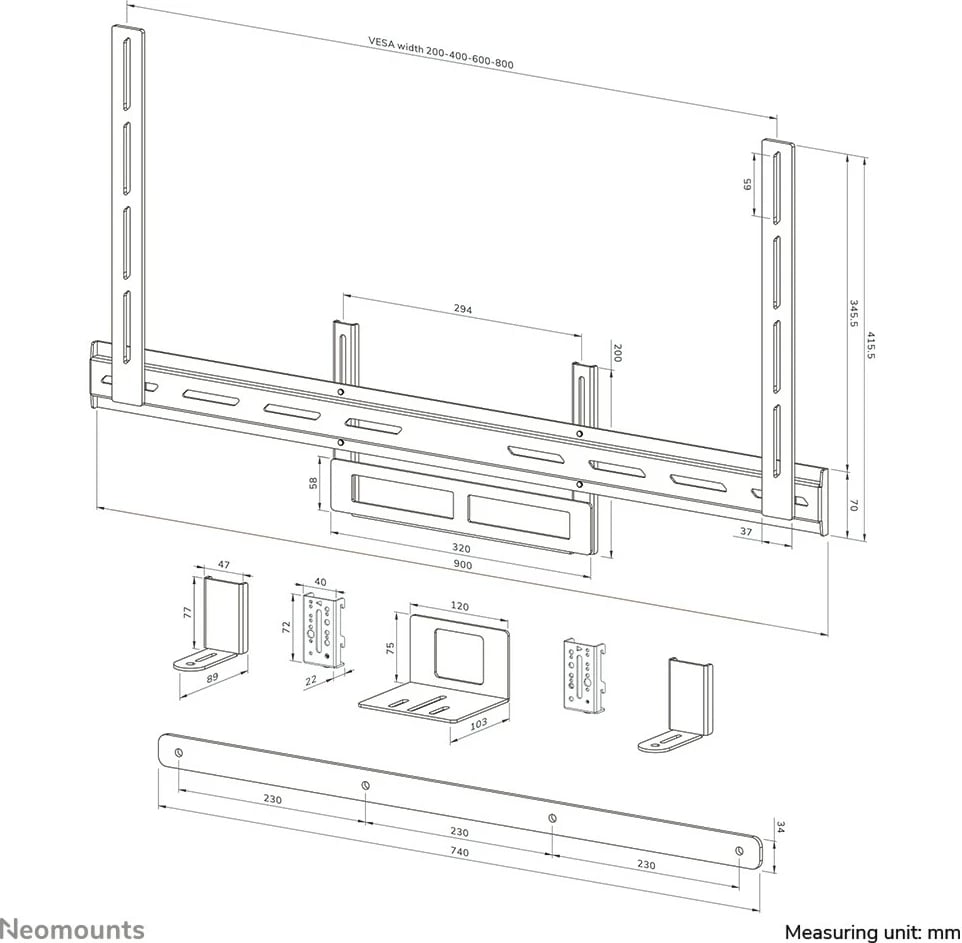 Mbajtës videobar universal Newstar AV2-500BL, 43", VESA 200x200-800x600, 10 kg, e zezë