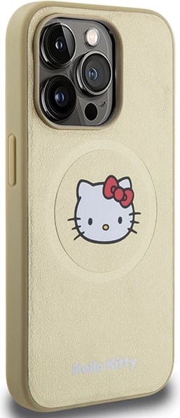 Mbështjellës Hello Kitty Leather Kitty Head MagSafe për iPhone 15 Pro Max, lëkurë artificiale, ari