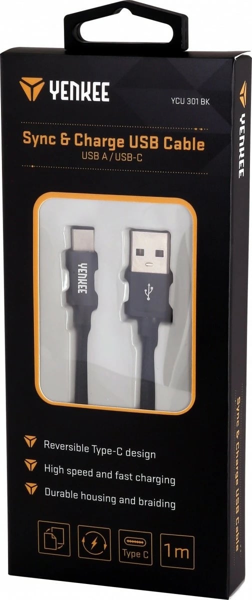 Kabllo YENKEE YCU 301BK, USB A 2.0 në USB Type C, 1m, E zezë