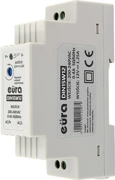 Furnizues energjie eura DIN15W12, 12V 1.25A, për montim në shina DIN, Gri