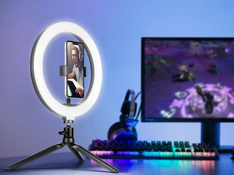 Ring Light Tracer TRAOSW46747 me tripod të vogël, 26 cm, LED, USB, e zezë