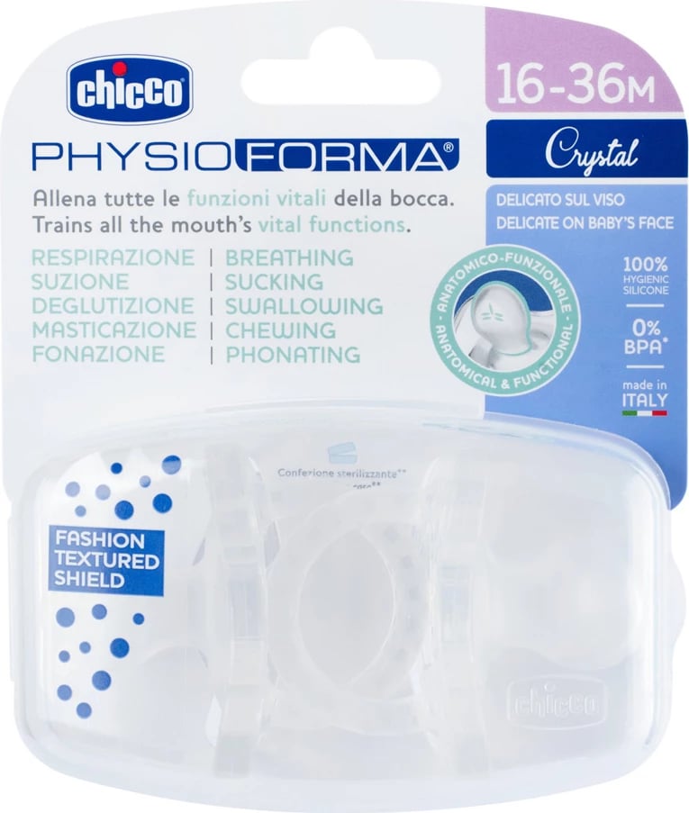 Qetësues silikonik Chicco PhysioForma Crystal Calm 16-36 muaj, 2 copë