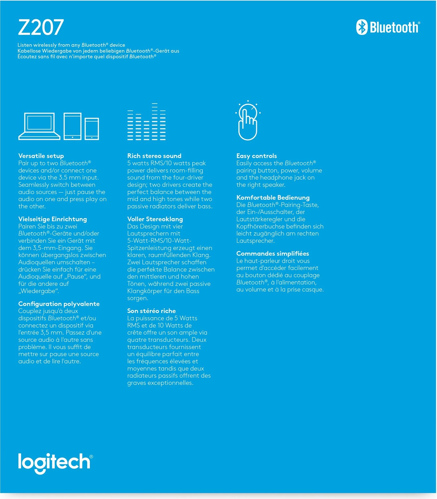 Altoparlantë kompjuteri Logitech Z207, Bluetooth, 2.0 kanale, 5 W, Bardhë