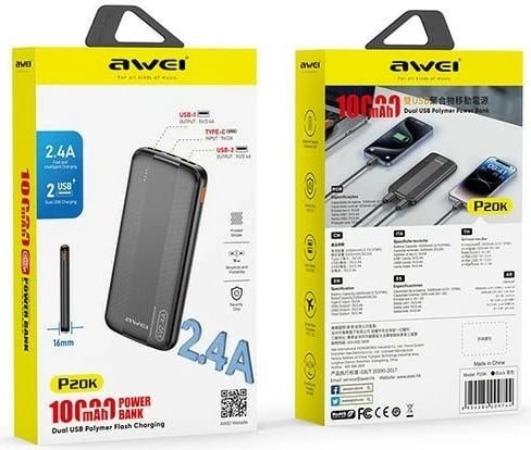 Powerbank AWEI P20K, 10000mAh, 2xUSB, e zezë