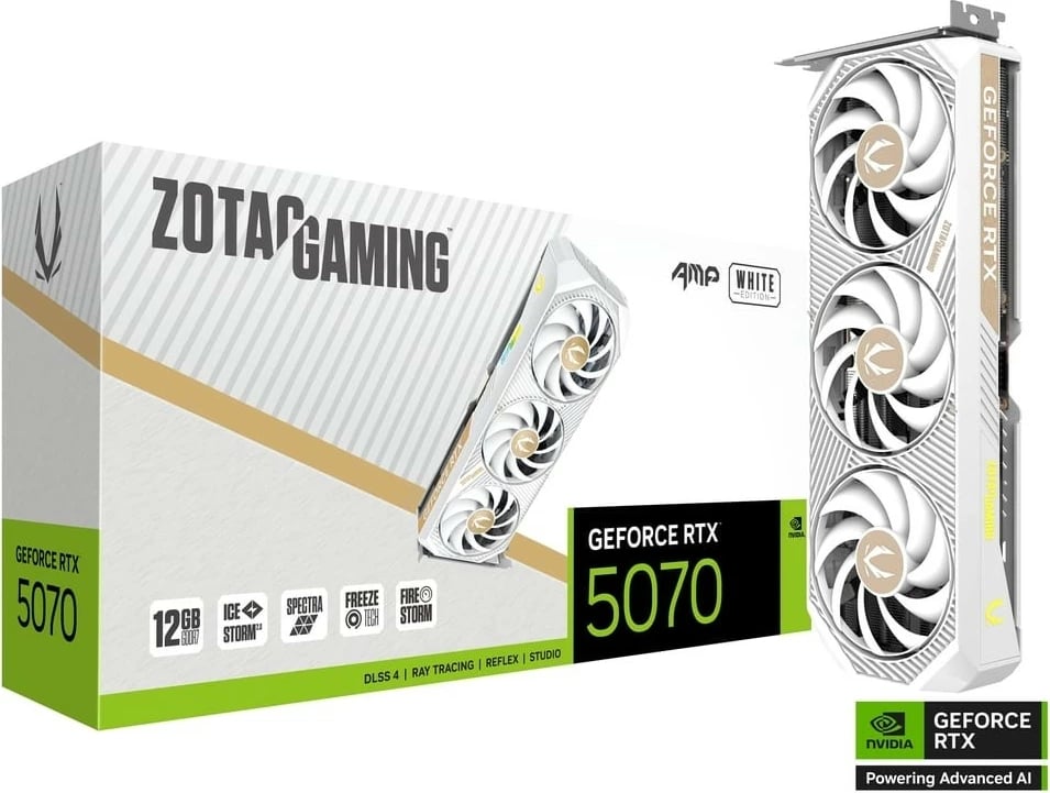 Kartë grafike, ZOTAC, GeForce RTX 5070 AMP, 12GB GDDR7 192-bit PCIe 5.0, 3xDP/HDMI, e bardhë
