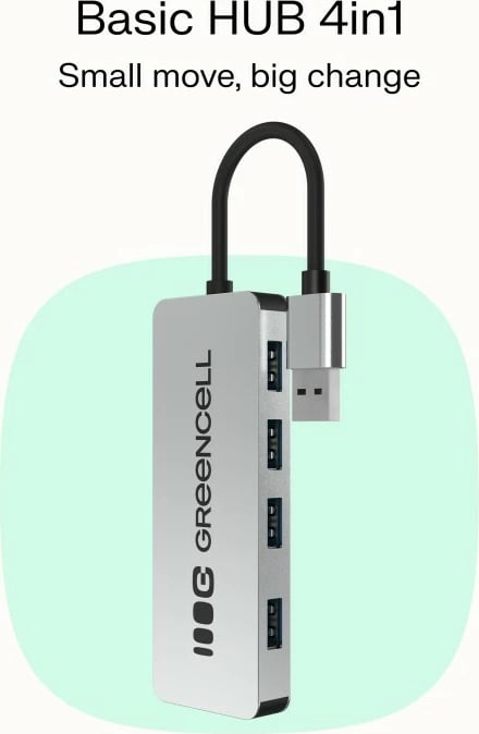 Hub USB-A, Green Cell HUB-GC-A4A, 4x USB 3.0 deri 5 Gb/s, kabëll i integruar 15 cm, kasë alumini, argjend/zi
