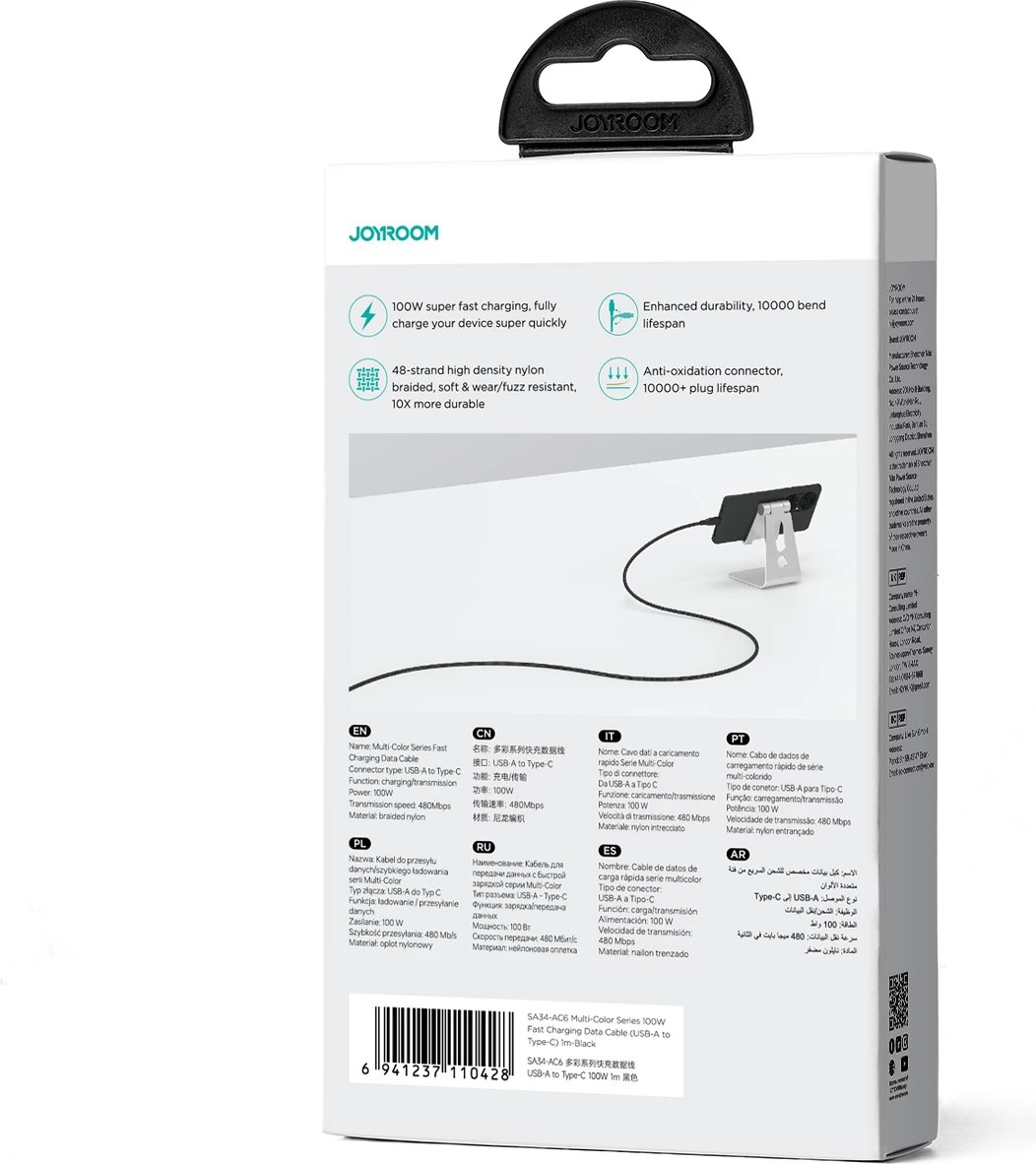Kabllo Joyroom Multi-Color Series S-A34, USB-A në USB-C, 100W, 1m, e zezë