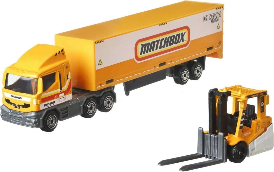 Set lodrash Matchbox Mattel GBK70/HLM87, kamion transportues me makinë 1:64, plastikë, ngjyra të përziera