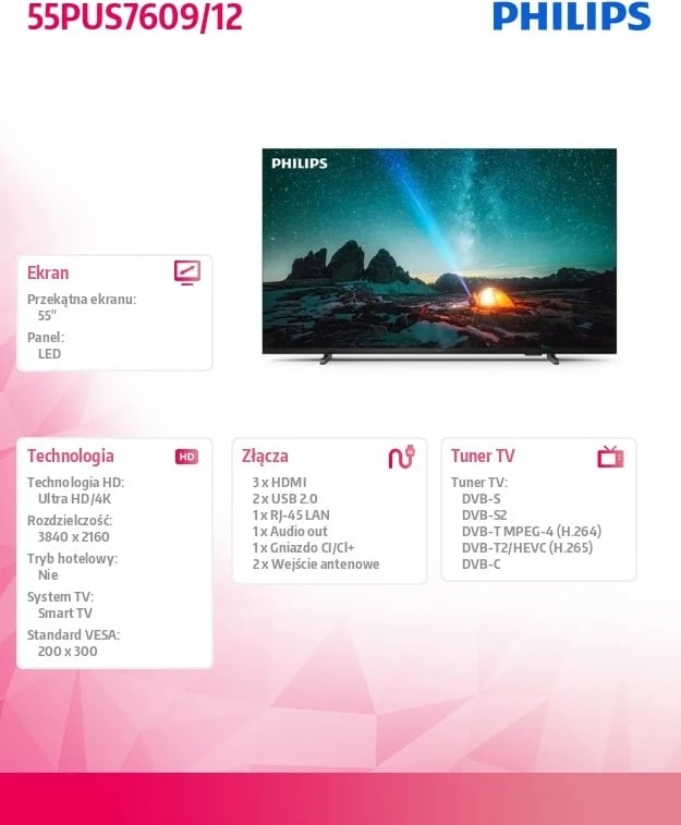 Televizor Philips 55PUS7609/12, 55 inç, 4K UHD, Smart TV, LED