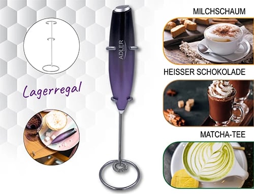 Shkumëzues qumështi, Adler AD 4499, me mbajtëse, tel inoksi, me bateri, vjollcë-e zezë