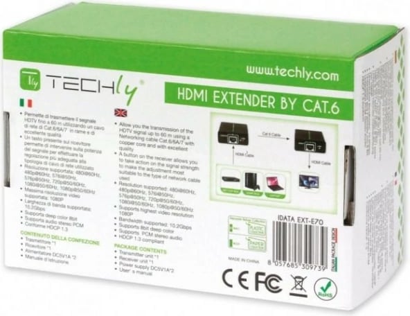 Adapter HDMI Extender Techly 309739, deri 60m, FullHD 3D, E zezë