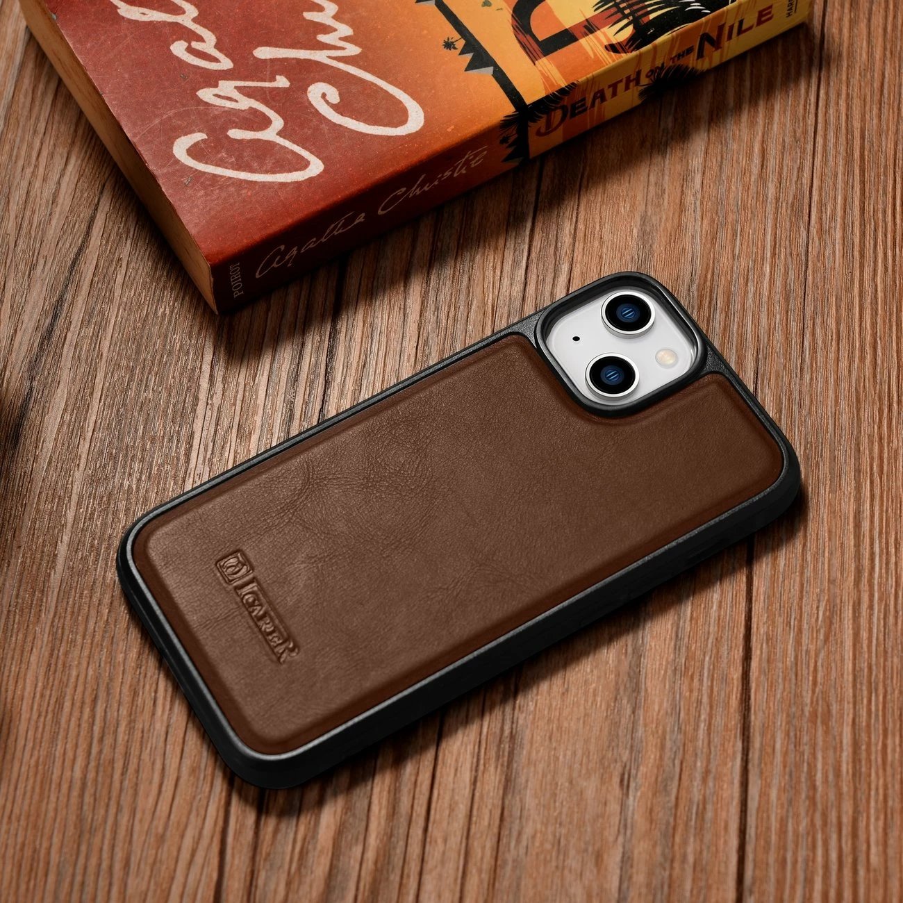 Mbështjellës lëkure iCarer për iPhone 14 Plus, MagSafe, Kafe
