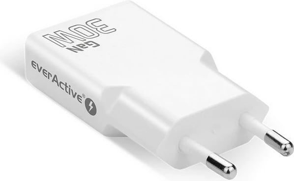 Adapter karikues muri, everActive, SC-385Q, GaN PD 30W, 2x USB-C, super slim, bardhë