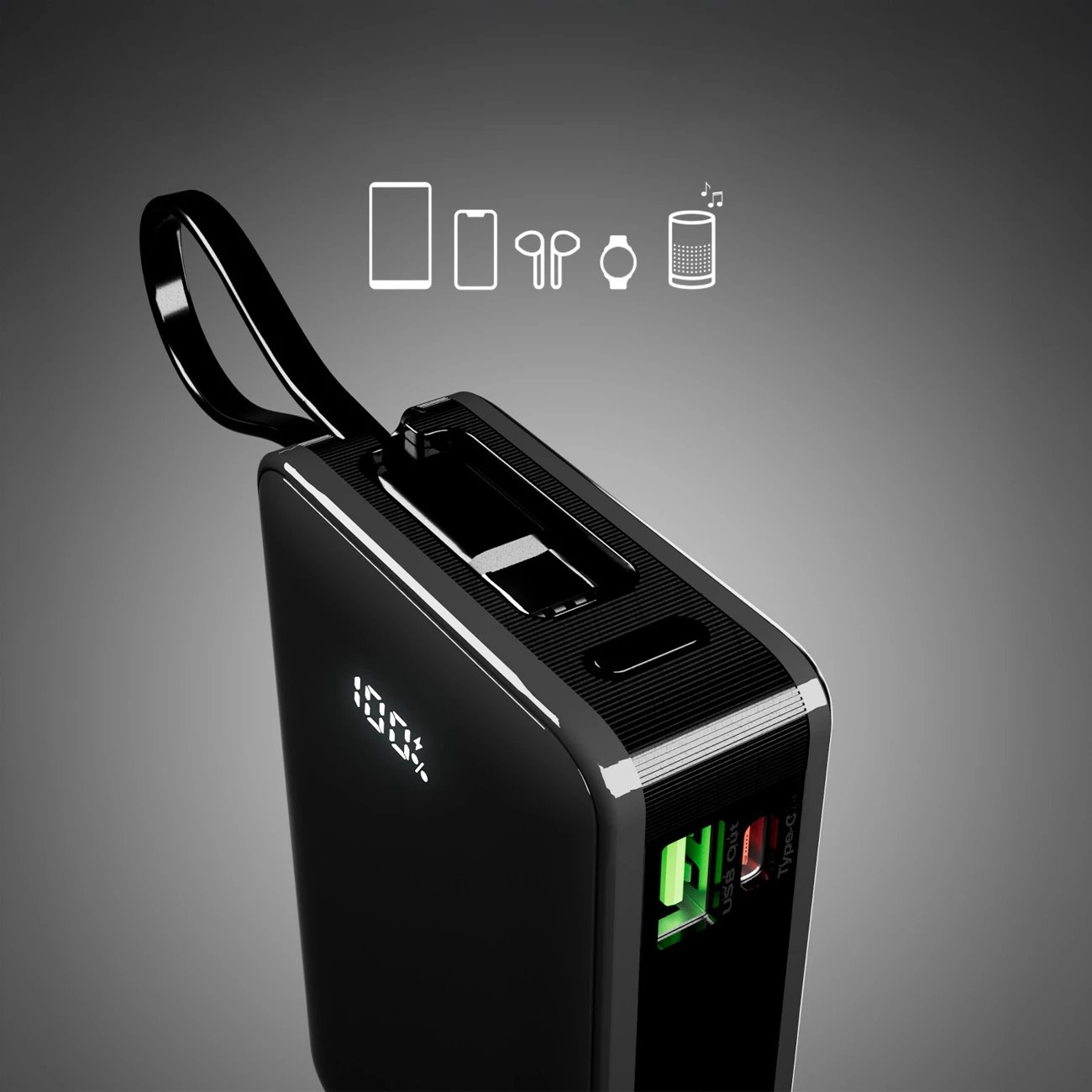 Powerbank SBS 20000 mAh 20W me kabllo USB-C të integruar dhe ekran digjital, e zezë