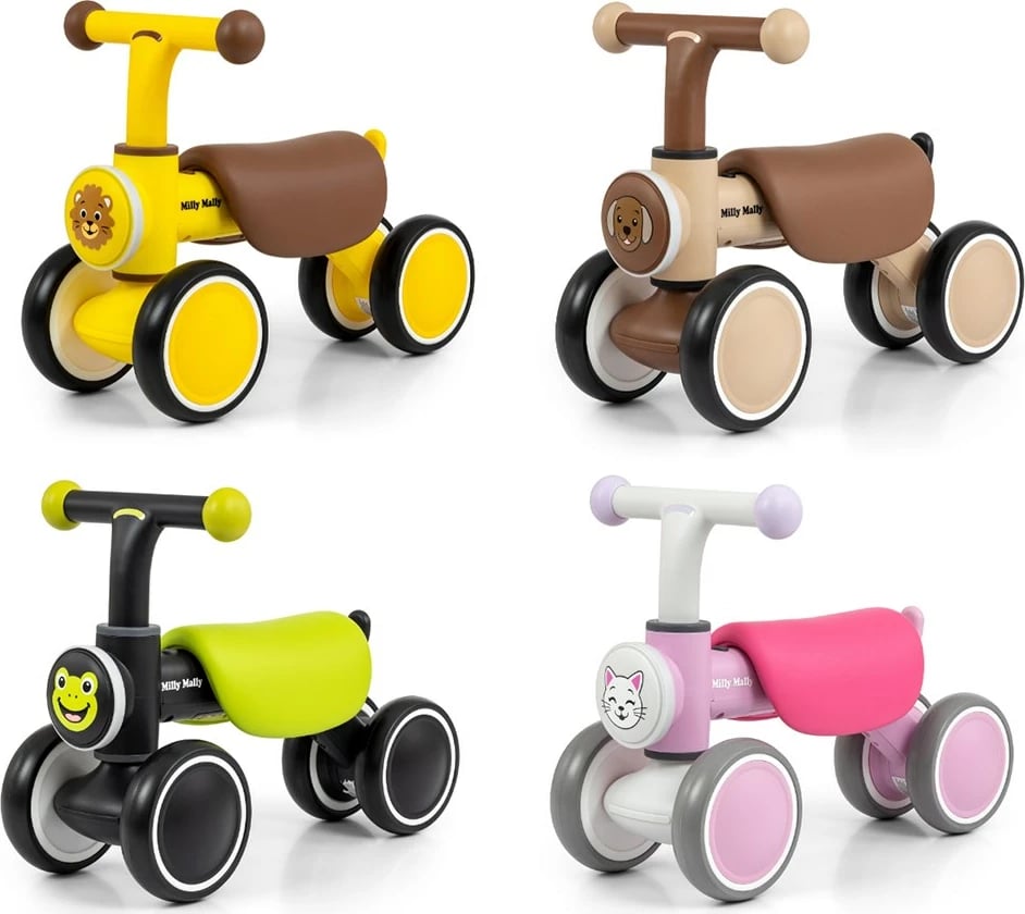 biçikletë pa pedale fëmijësh Milly Mally York 4 rrota LED dhe tinguj 12-36 muaj e verdhë