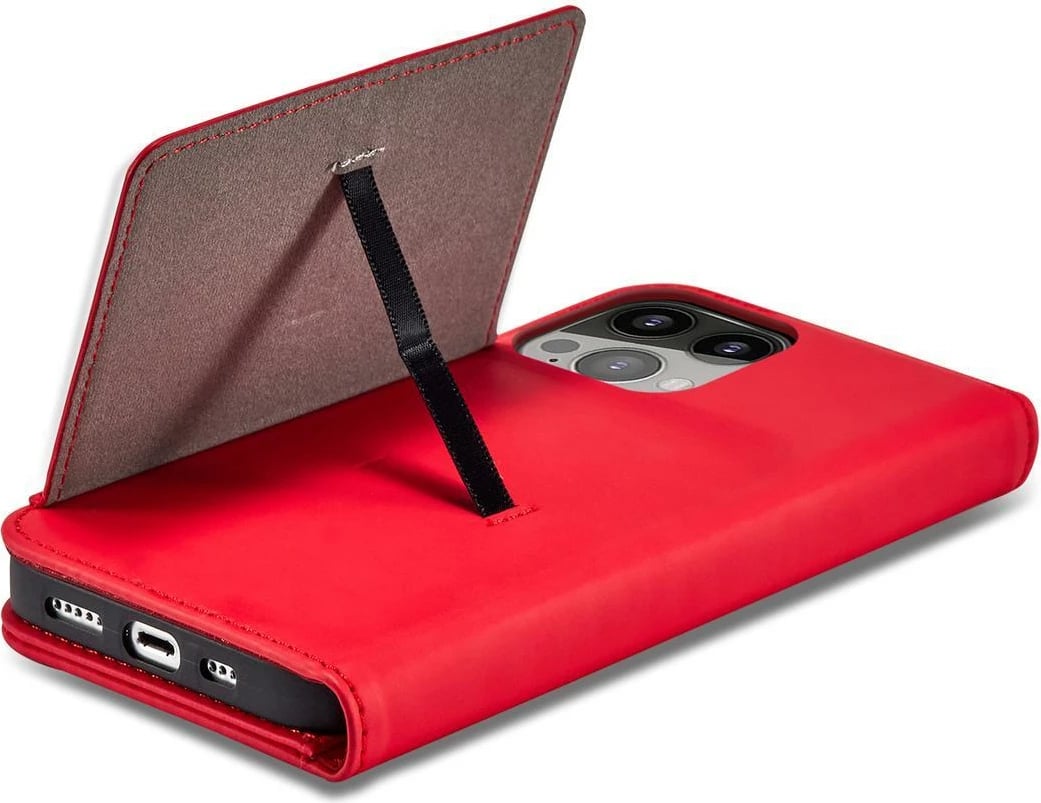 Mbështjellës Hurtel Magnet Card Case për iPhone 14 Pro Max, portofol, qëndrim, e kuqe
