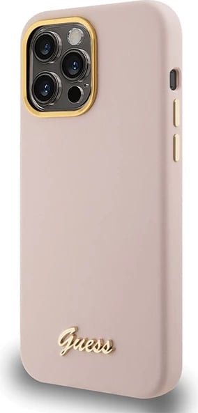 Mbështjellës Guess Silicone Script Metal Logo & Frame për iPhone 15 Pro, Rozë