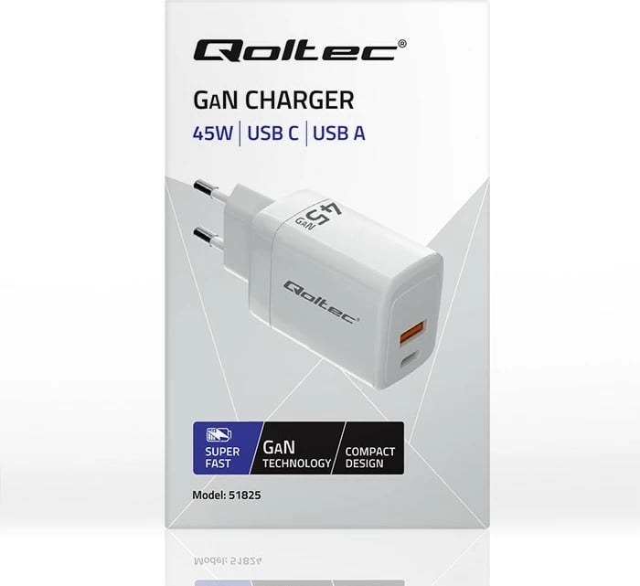 Karikues muri Qoltec 45W GaN, 1x USB-C PD, 1x USB QC 3.0, Bardhë