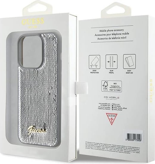 Mbështjellës Guess Sequin Script Metal për iPhone 15 Pro, argjendtë