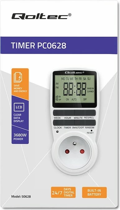 Programator kohe elektronik Qoltec PC0628, 3680W, 16A, LCD, Bardhë