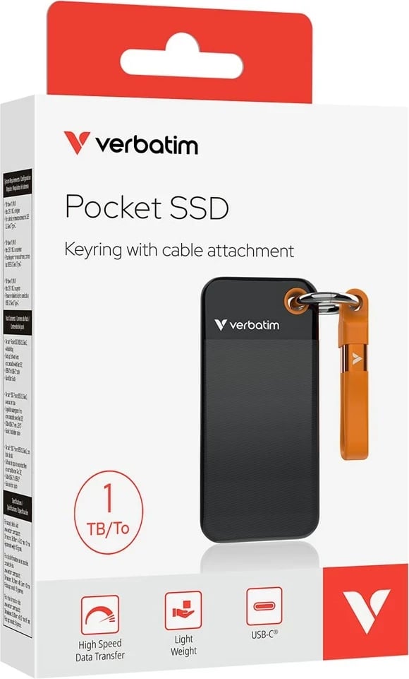 SSD Verbatim Pocket 1TB, USB-C 3.2 Gen 2, Zi/Portokalli