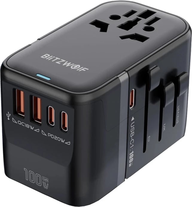 Adapter udhëtimi BlitzWolf BW-TA2 5-në-1, 2xUSB PD, 2xUSB-C QC, USB-C GaN 100W, zi