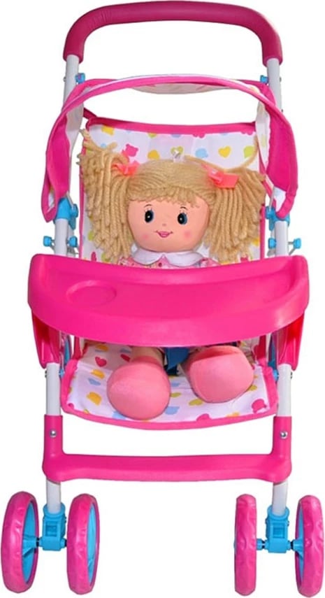 karrocë lodër për kukulla, Milly Mally, Kate Candy, për kukulla deri 50 cm, palosëse me tendë dhe tabaka ushqimi, rrota para rrotulluese, rozë