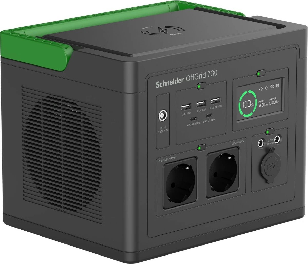 Stacion portativ energjie Schneider OffGrid PPS730-GR, 738 Wh, 2 Schuko, Litium-jon, Zi/Gjelbër