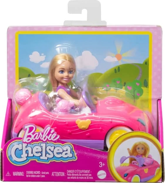 Set lodrash Barbie Chelsea me makinë lodër dhe arush, Mattel HXN05, për vajza