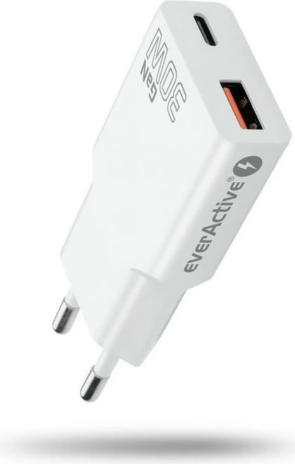 Karikues muri, everActive SC-380Q, GaN super slim 30W, 1x USB + 1x USB-C, QC 3.0/PD, e bardhë