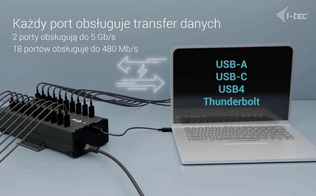 HUB i-tec CACHRGHUB20C, 20x USB-C, 15W për port, metalik