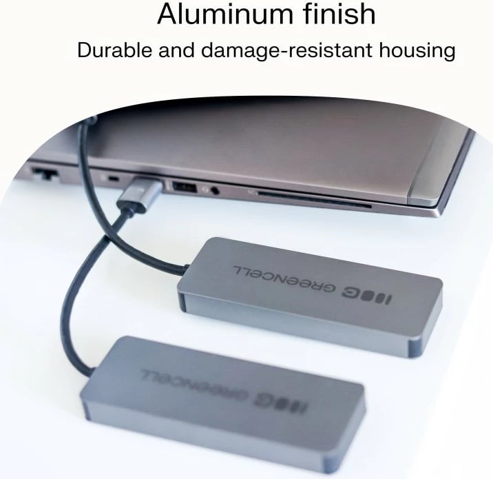 Hub USB-A, Green Cell HUB-GC-A4A, 4x USB 3.0 deri 5 Gb/s, kabëll i integruar 15 cm, kasë alumini, argjend/zi