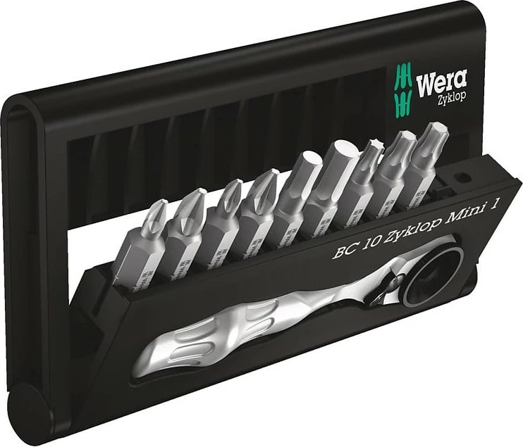 Set veglash Wera 9 copë, mini ratchet, bit holder, adapter, PH1 PH2 PZ1 PZ2 TX15 TX20 TX25, 4.5mm