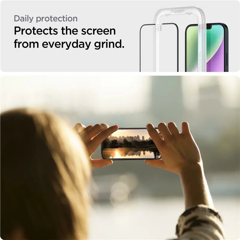 Xham mbrojtës Spigen ALM Glass FC për iPhone 13/13 Pro/14, i zi