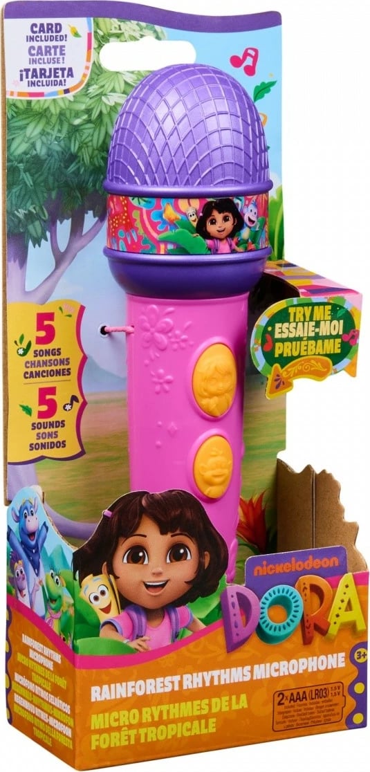 Mikrofon lodër Dora Spin Master 6074991, 19.5 cm, 5 këngë & fraza dygjuhëshe, me bateri, rozë/vjollcë